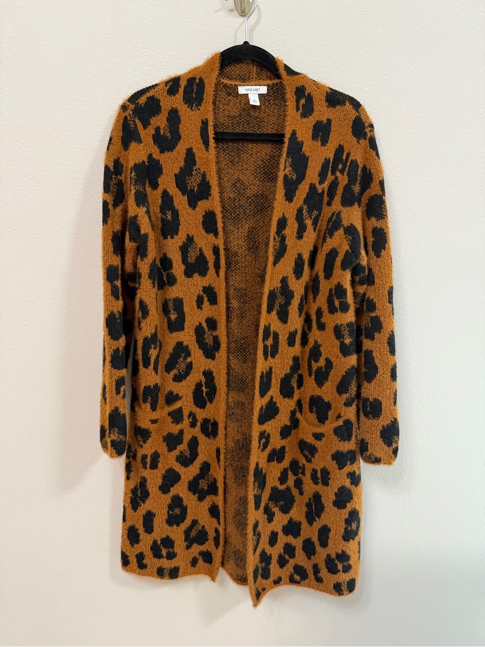 Nine West Leopard Print Fuzzy Open Front Longline Cardigan Size Small